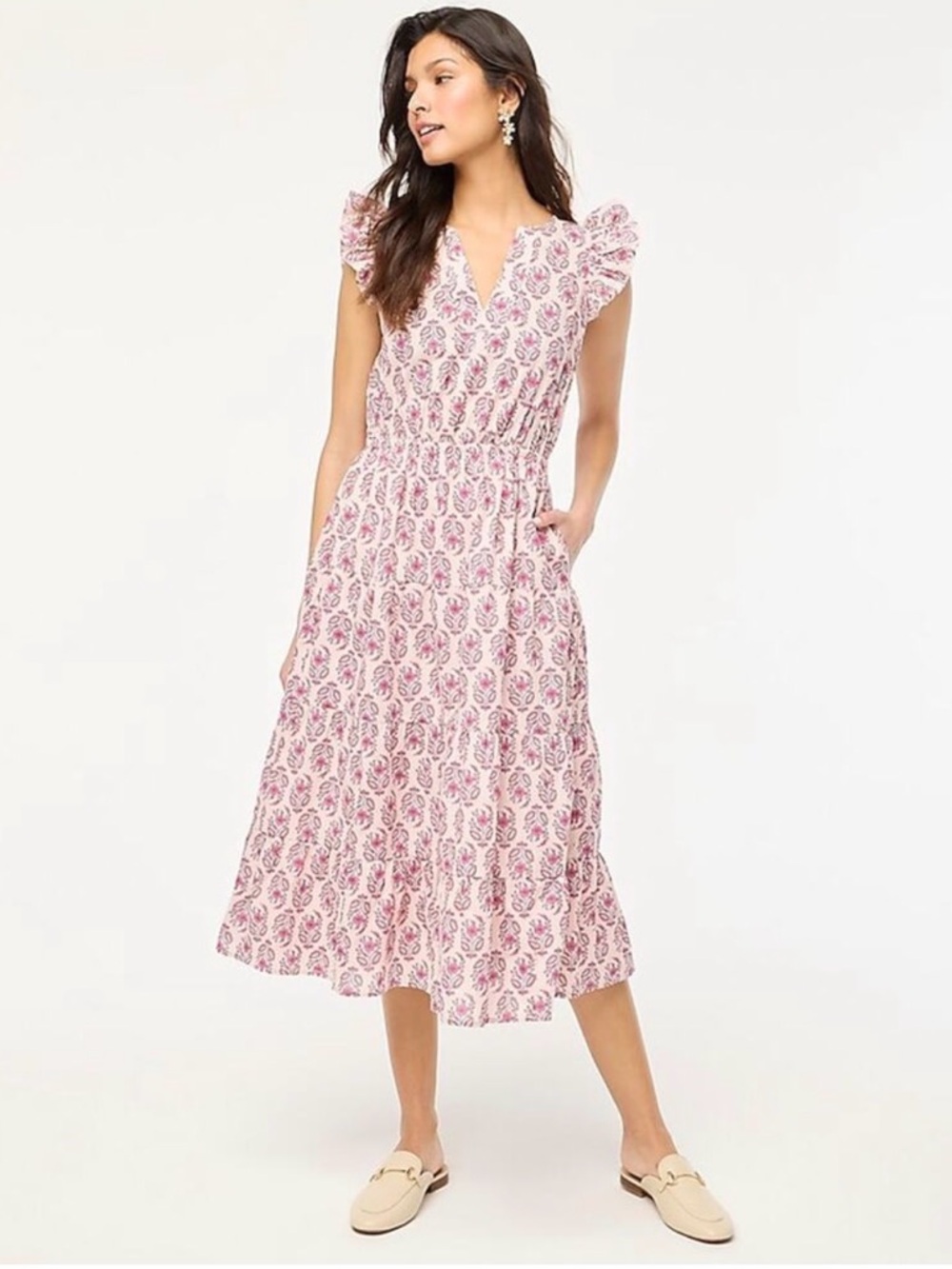 NEW J Crew Ruffle Sleeve Midi Dress in Pink Blue Floral Print Women's 12 - Picture 2 of 8